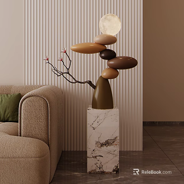 Decorative Ornament Set With Stacked Stones Branches Flowers On Marble Base For Living Room 3d model 