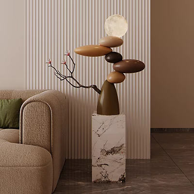 Decorative Ornament Set With Stacked Stones Branches Flowers On Marble Base For Living Room 3d model