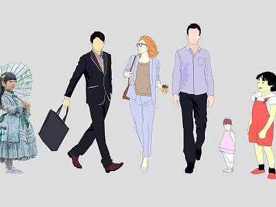 Group of People Including Pedestrians of Different Ages Carrying Bags Coffee Cup and Traditional Umbrella 3d model