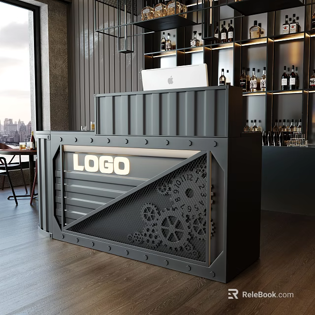 Gray Reception Desk Featuring Front LOGO Display And Gear Patterns With Background Bottle Shelves 3d model 