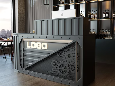 Gray Reception Desk Featuring Front LOGO Display And Gear Patterns With Background Bottle Shelves 3d model