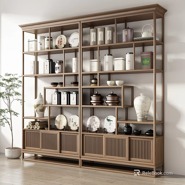 Chinese Antique Display Shelf Decorated with Ceramic Plates Jars Tea Sets and Vase 3d model 