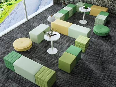 Colorful Public Chairs In Modern Indoor Space With Small Round Tables 3d model