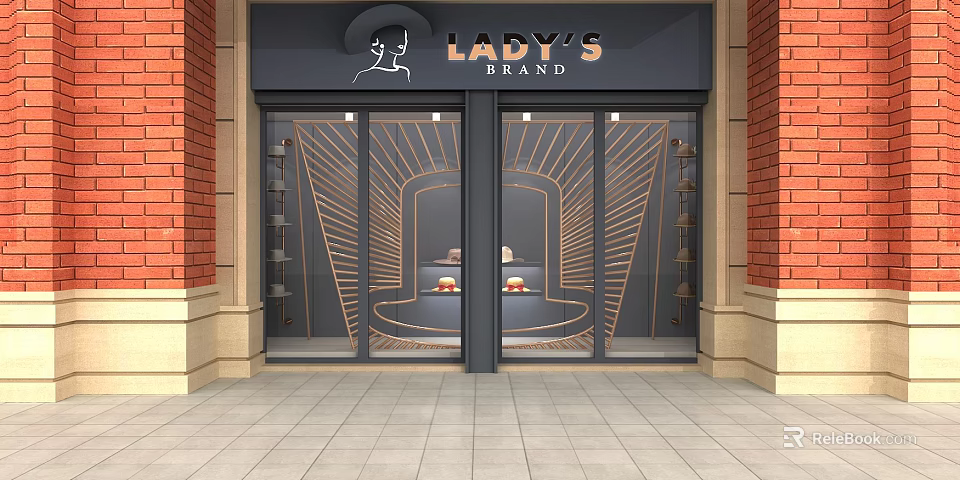 Lady's Brand Elegant Storefront With Glass Doors Red Brick Walls Golden Decorations And Fashion Displays 3d model 