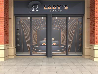 Lady's Brand Elegant Storefront With Glass Doors Red Brick Walls Golden Decorations And Fashion Displays 3d model