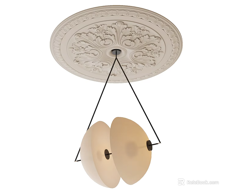 Modern Pendant Chandelier With Ornate White Ceiling Medallion Two Circular Shades And Black Hanging Cords 3d model 