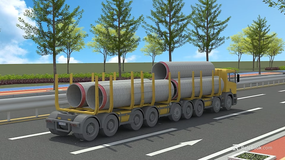 Yellow Heavy-Duty Transport Truck Carrying Large Concrete Pipes on the Road with Trees 3d model 