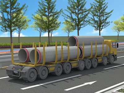 Yellow Heavy-Duty Transport Truck Carrying Large Concrete Pipes on the Road with Trees 3d model