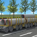 Yellow Heavy-Duty Transport Truck Carrying Large Concrete Pipes on the Road with Trees