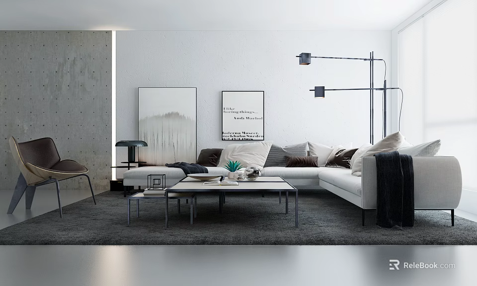 Modern Minimalist White Sofa Coffee Table Set Living Room With Gray Carpet Paintings Floor Lamp 3d model 