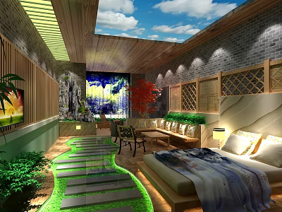 Serene Hotel Guest Room with Skylight Wooden Structure Green Plants Stone Path and Water Feature 3d model