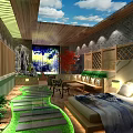 Serene Hotel Guest Room with Skylight Wooden Structure Green Plants Stone Path and Water Feature