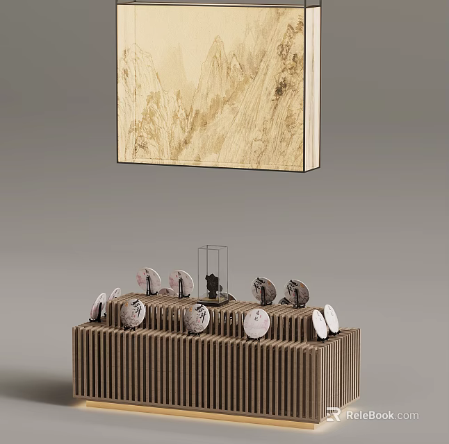 Artwork Display With Brown Striped Stand Circular Objects And Transparent Case 3d model