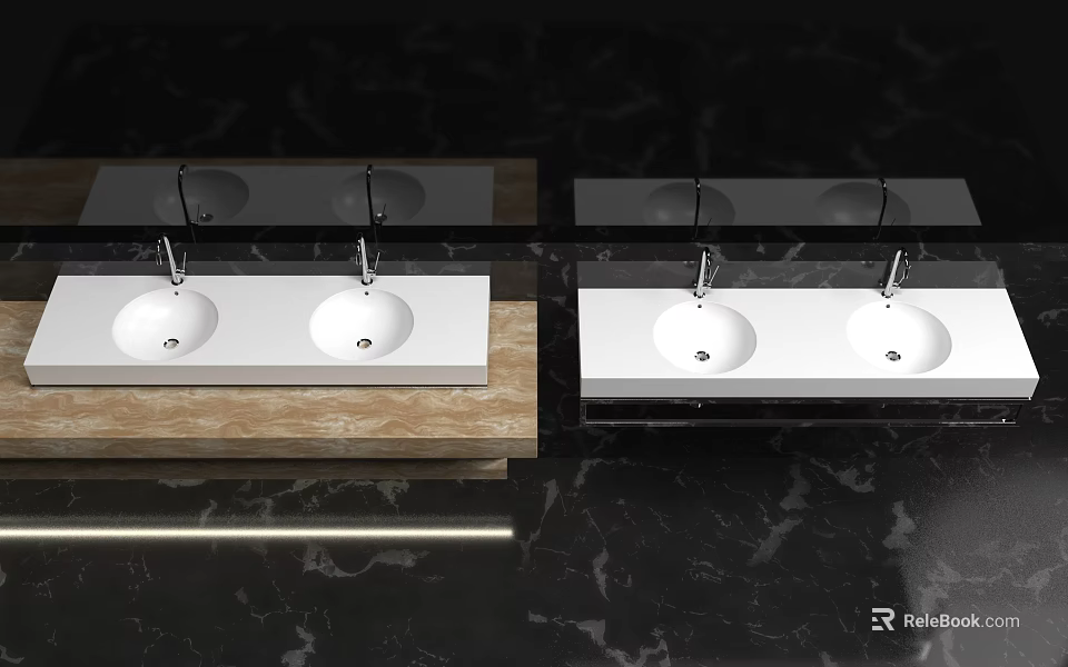 Modern Bathroom Vanity With Double White Sinks Marble Countertop And Wall Mirror 3d model 