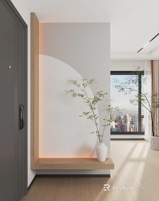 Modern Interior With White Partition Wall Decorative Plants And Window View 3d model