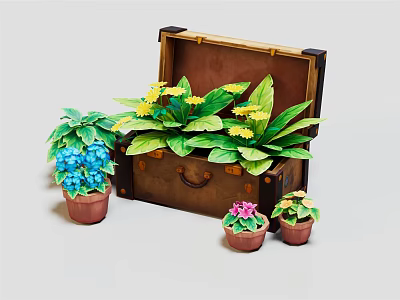 Potted Plants in Open Vintage Wooden Trunk with Small Flower Pots 3d model