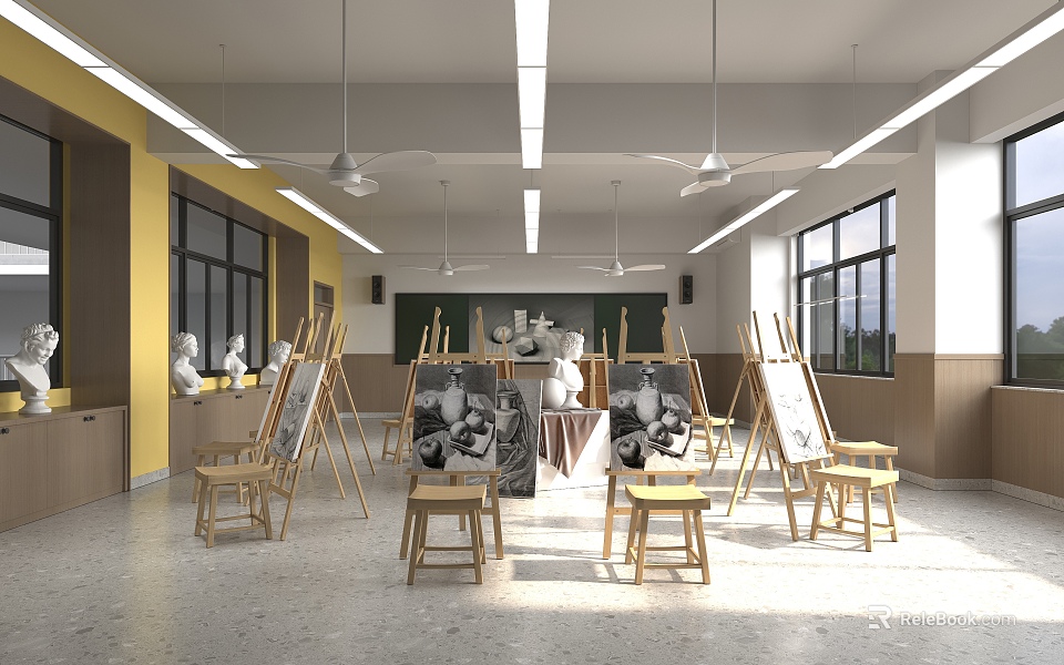 School Art Classroom With Easels Plaster Statues Stools And Natural Light 3d model 