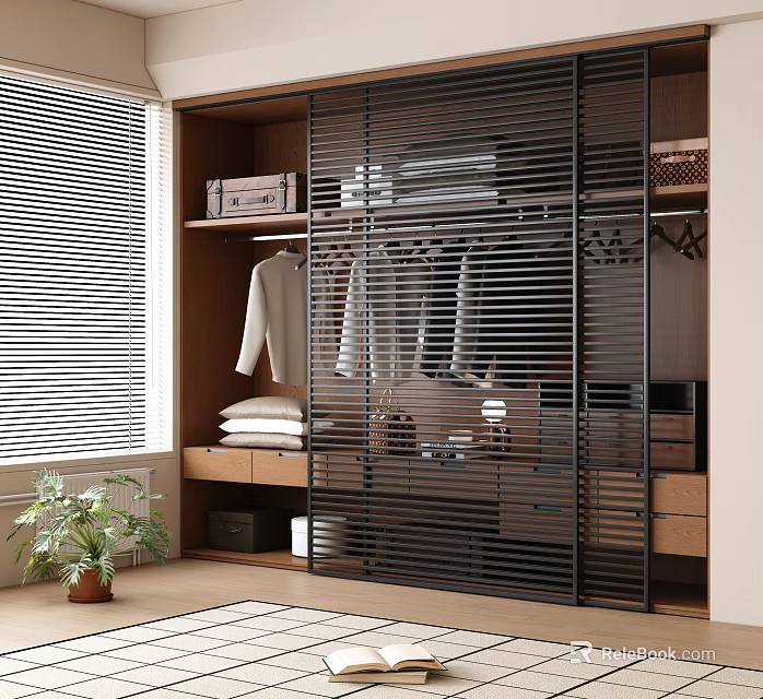 Modern Wooden Wardrobe With Sliding Doors Hanging Clothes Folded Items And Drawers 3d model 