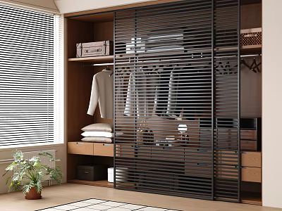 Modern Wooden Wardrobe With Sliding Doors Hanging Clothes Folded Items And Drawers 3d model