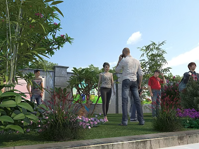 Beautiful Garden Landscape With Lush Green Plants Colorful Flowers Lawn And People 3d model