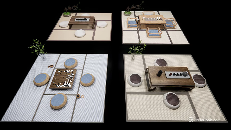 Traditional Japanese Tea Table And Chairs With Tatami Mat Round Cushions And Tea Sets 3d model 