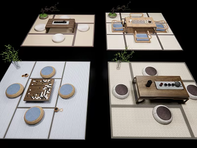 Traditional Japanese Tea Table And Chairs With Tatami Mat Round Cushions And Tea Sets 3d model
