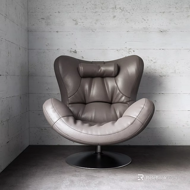 Modern Gray Leather Single Seater Sofa With Curved Backrest And Armrest And Metal Round Base 3d model 
