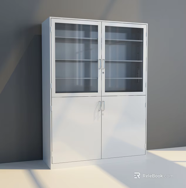 Modern White Bookcase With Glass Front Doors And Lower Cabinet Storage Shelves 3d model 