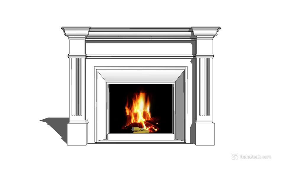 Elegant White Classical Fireplace With Decorative Columns And Burning Fire 3d model