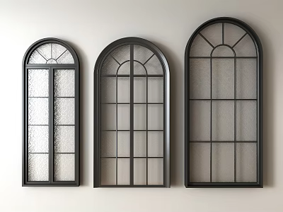 Three Arched Top Casement Windows With Black Frames Textured Glass Grid Design 3d model