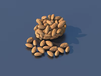Heap of Almonds in Wicker Basket with Scattered Almonds on Blue Background 3d model