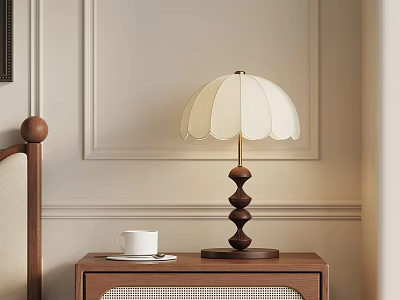 Elegant Table Lamp With Spiral Wooden Base And White Pleated Lampshade On Bedside Table 3d model