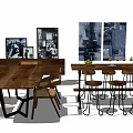 Wooden Bar Counter With Stools Dining Table And Decorative Wall Paintings