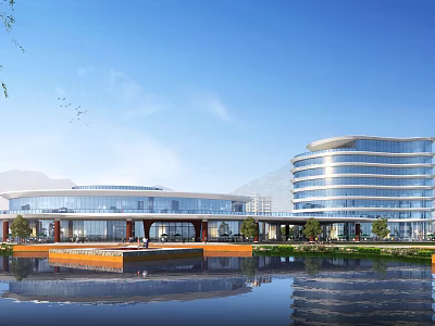 Modern Commercial Street With Waterfront Reflection And Glass Curtain Wall Buildings 3d model