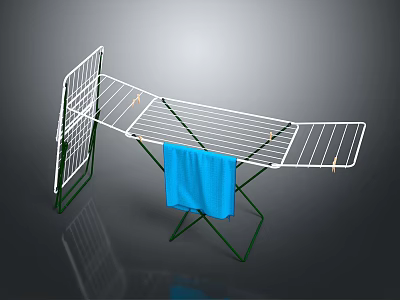 White Clothes Drying Rack with Green Stand Hanging Blue Towel for Drying 3d model