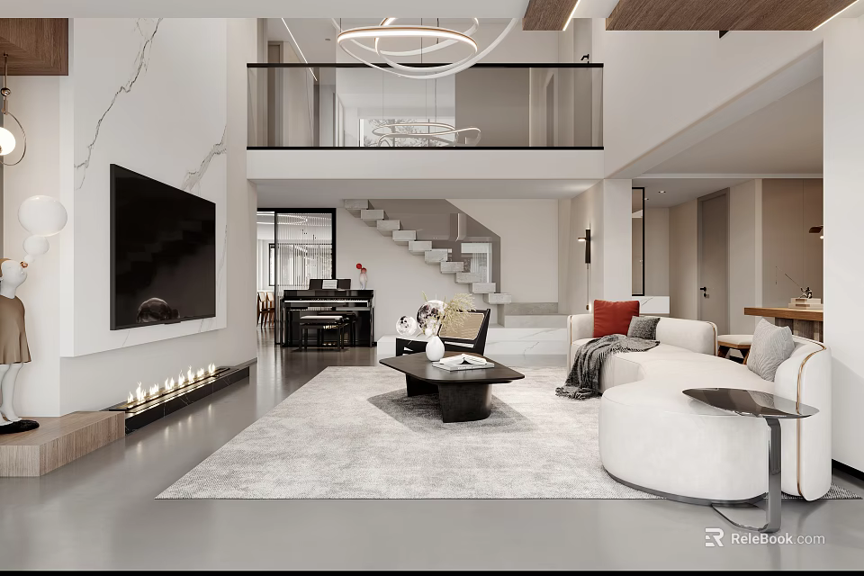 Modern Duplex Living Room Interior With Staircase Sofa Rug And Chandelier 3d model 