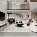 Modern Duplex Living Room Interior With Staircase Sofa Rug And Chandelier