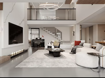 Modern Duplex Living Room Interior With Staircase Sofa Rug And Chandelier 3d model