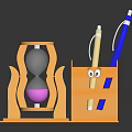 Wooden Desktop Hourglass with Pink Sand and Pen Stand Featuring Eye Design and Pens