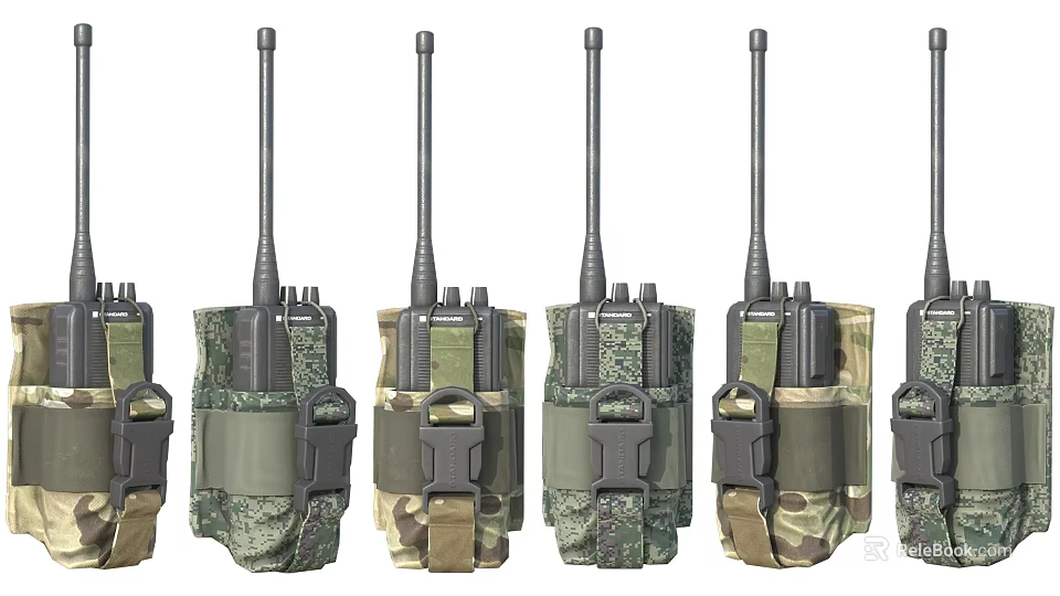 Military Walkie Talkies with Camouflage Protective Cases Neatly Arranged in Different Camo Patterns 3d model 