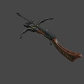 Ornate Skull Decorated Crossbow Featuring Golden Accent Red Blood Black Body Wooden Parts