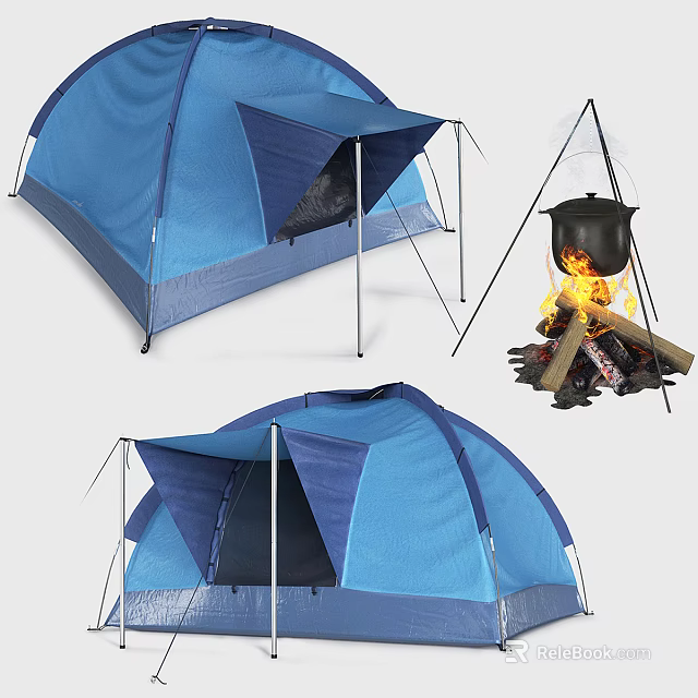 Blue Camping Tent With Canopy And Support Poles Near Campfire And Cooking Pot 3d model 