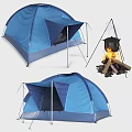 Blue Camping Tent With Canopy And Support Poles Near Campfire And Cooking Pot