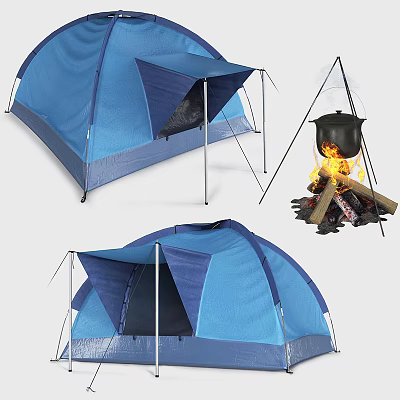 Blue Camping Tent With Canopy And Support Poles Near Campfire And Cooking Pot 3d model