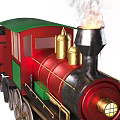 Vintage Steam Train with Red Green Carriages Golden Accents Coal Cargo Wagon and Smoking Chimney