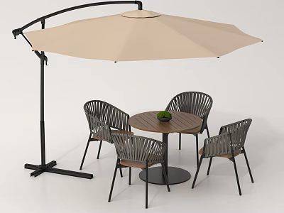 Round Wooden Outdoor Table With Beige Parasol Four Black Wicker Chairs And Green Plant 3d model