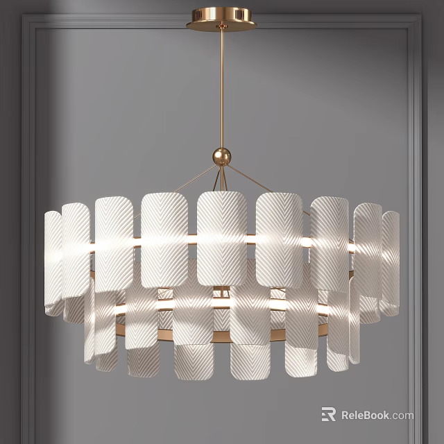 Modern Hanging Chandelier With White Slatted Panels And Gold Metal Frame Design 3d model 