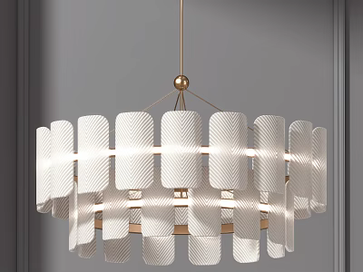 Modern Hanging Chandelier With White Slatted Panels And Gold Metal Frame Design 3d model