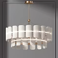 Modern Hanging Chandelier With White Slatted Panels And Gold Metal Frame Design