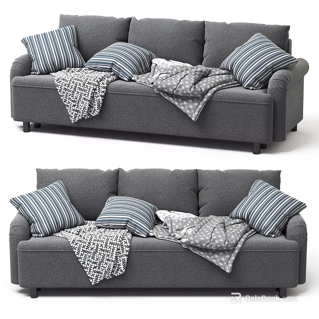 Grey Casual Sofa Set With Striped Pillows And Geometric Patterned Blankets 3d model